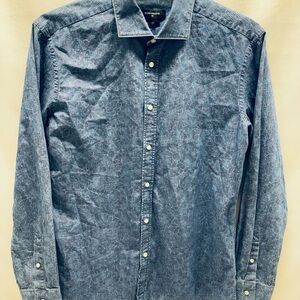 Men’s Cortigiani Shirt Blue Denim Floral Slim Fit Size 44 Button Down Italian